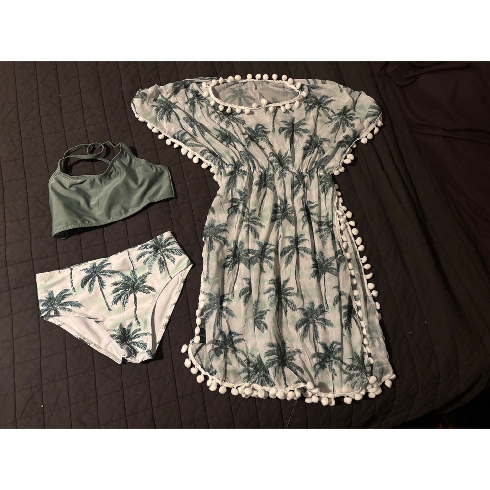 Girls Palm Tree Mesh Swim Cover Up and Bikini Top Set Sage Green Size 10Y